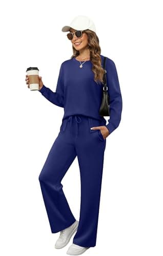XIEERDUO Women Two Piece Outfits 2 PC Lounge Sets Fall Long Sleeve Travel Tracksuit Winter Track Suit Airport Loungewear Vacation Sweatsuit Wide Leg Sweatpants Matching Set Navy L - Image 3