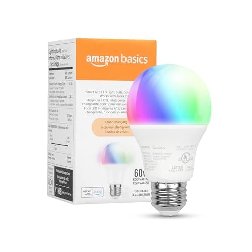 Amazon Basics Smart A19 LED Light Bulb, Color Changing, 9W (60W Equivalent), 800LM, Works with Alexa Only, 2.4 GHz Wi-Fi, No Hub Required, 1 Pack - Image 1
