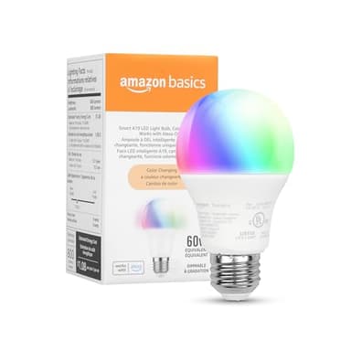 Amazon Basics Smart A19 LED Light Bulb, Color Changing, 9W (60W Equivalent), 800LM, Works with Alexa Only, 2.4 GHz Wi-Fi, No Hub Required, 1 Pack - Image 1