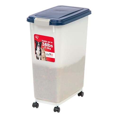 IRIS USA Airtight Dog Food Storage Container, Up to 38 lbs, Attachable Wheels, For Dog Cat Bird and Other Pet Food Storage Bin, Keep Fresh, Easy Mobility, BPA Free, Navy/Pearl - Image 1