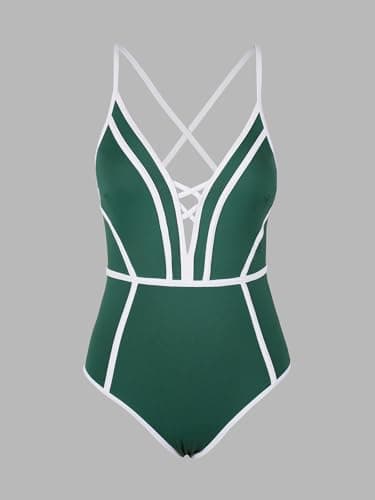 CUPSHE Women's One Piece Swimsuit Plunging V Neck Bathing Suit Crisscross Back Tie Slimming Sculpting Color Block, XS - Image 5