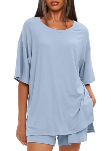 Darong Womens 2 Piece Lounge Sets 2025 Summer Travel Outfits Casual Short Sleeve Oversized Tshirts Tops Drawstring Shorts 9121 Blue L - Image 2