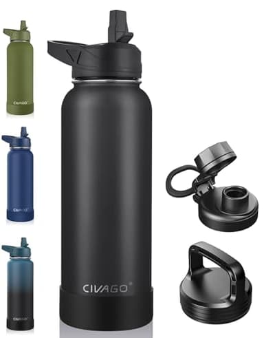 CIVAGO 40 oz Insulated Water Bottle With Straw, Stainless Steel Sports Water Cup Flask with 3 Lids (Straw, Spout and Handle Lid), Double Walled Travel Thermal Canteen Mug, Midnight Black - Image 1