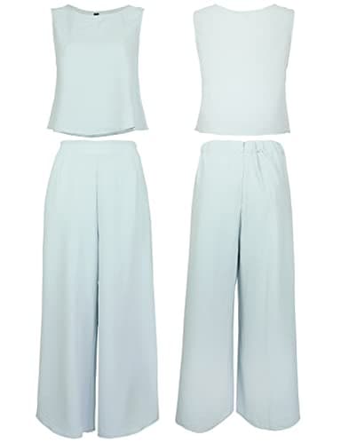 ROYLAMP Women's Summer 2 Piece Outfits Round neck Crop Basic Top Cropped Wide Leg pants Set Jumpsuits Light Cyan S - Image 4
