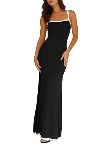 IYICLOTH Women's Spaghetti Straps Maxi Dress Sleeveless Square Neck Sexy Bodycon Ribbed Party Cocktail Long Dresses Black - Image 1