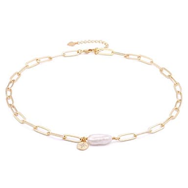 Aobei Pearl Chunky 18k Gold Chain Choker Necklace Freshwater Biwa Pearl Pendant CZ Starburst Charm Statement Jewelry for Women 16’’ - Image 1