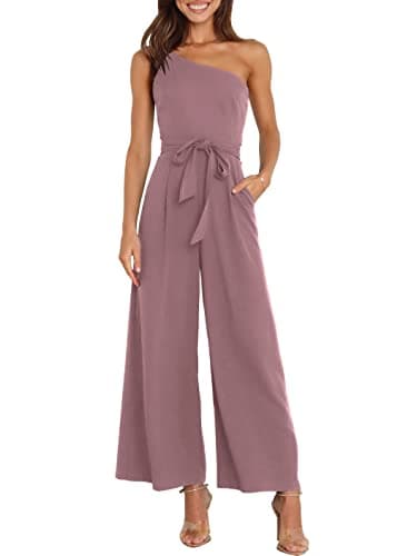 ANRABESS Women Summer Dressy Jumpsuits One Shoulder Sleeveless Casual Wide Leg Pants Romper Jumper 2025 Trendy Fall Outfits Pink X-Large - Image 1