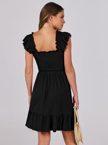 Prinbara Womens Summer Casual Square Neck Smocked Short Sundress 2025 Spring Beach Vacation Flowy Cute Teen Boho Dresses Black Small - Image 4