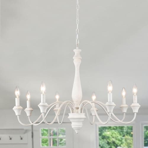 French Country Chandelier 8 Lights White Modern Farmhouse Chandeliers for Dining Room Light Fixture Rustic Candle Wood Pendant Lights for Living Room Kitchen Bedroom Island