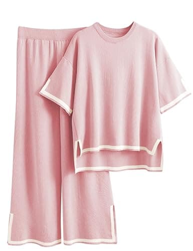 Tanming Sweater Sets Women 2 Piece Lounge Sets Short Sleeve Knit Pullover Tops Wide Leg Pants (Pink-XS) - Image 1