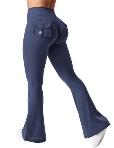 YEOREO CoreFlex Flare Leggings with Pockets for Women Scrunch Workout Leggings Butt Lifting Gym Yoga Pants Navy Blue - Image 1