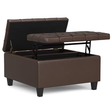 SIMPLIHOME Harrison 30 inch Wide Transitional Square Small Coffee Table Storage Ottoman in Chocolate Brown Vegan Faux Leather, Assembled, for The Living Room and Bedroom - Image 1