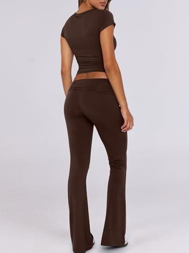 ANRABESS Lounge Sets for Women 2 Piece Foldover Yoga Flare Leggings Pants Crop Tops Casual Y2K Outfits Matching Tracksuit Set Brown Small - Image 4