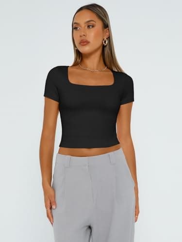 Trendy Queen Tshirts Shirts for Women Double Lined Going Out Crop Tops 2025 Spring Summer Workout Y2k Clothes Beach Fashion Black L - Image 2