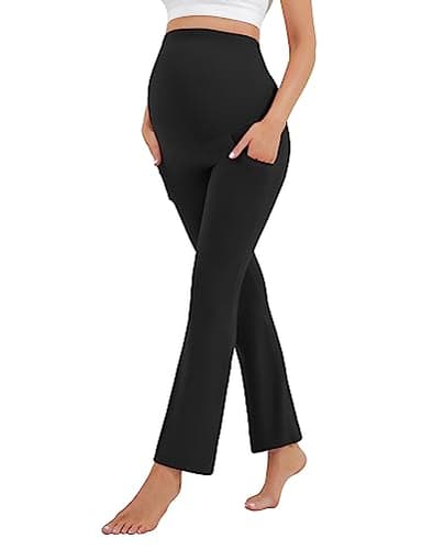 HEGALY Women's Maternity Flare Leggings Over The Belly - Casual Pregnancy Yoga Pants with Pockets Buttery Soft Black - Image 5