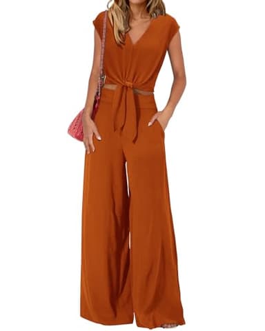 PRETTYGARDEN Women 2 Piece Sets 2025 Sexy Sleeveless V Neck Tie Waist Crop Tops Palazzo Pants Set Casual Lounge Wear(Solid Brown Orange,Small) - Image 1