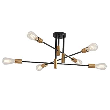 OUREDEEY Sputnik Chandelier - 6-Light Semi Flush Mount Ceiling Light Fixture,Mid Century Modern Hanging Light Fixtures,Black and Gold Chandeliers for Dining Room Bedroom Living Room Kitchen - Image 1