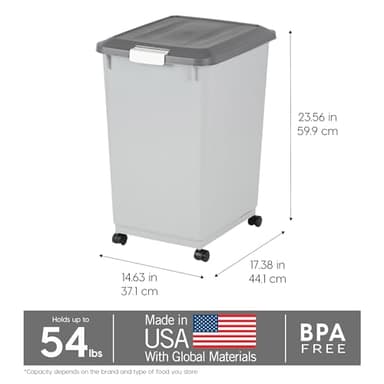 IRIS USA Dog Food Storage Container with Wheels, Airtight Lid, 2-Cup Scoop, Up to 54 Pounds Pet Food Storage, Built in Scoop Storage in Lid, Versatile Pet Food Bin, Portable, BPA Free, Gray/Dark Gray - Image 3