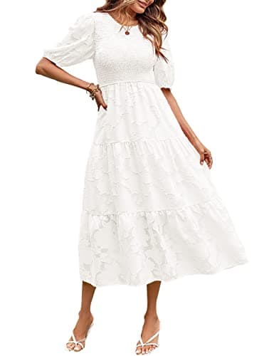 MEROKEETY Women's 2025 Summer Puff Sleeve Smocked Floral Dress Crewneck Lace Flowy Tiered Midi Dresses,White,M - Image 1