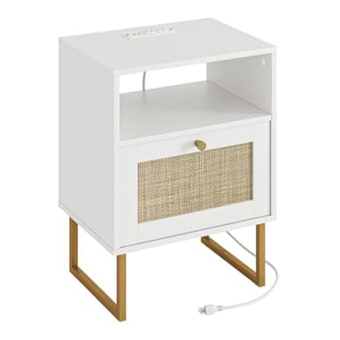 Masupu Rattan Nightstand with Charging Station,Modern Boho Farmhouse Wood Bedside Table with Storage Drawer and Open Shelf,Small Gold Frame Side End Table for Bedroom,Living Room,Office White - Image 8