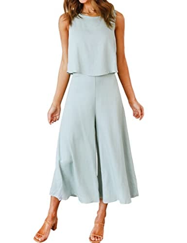 ROYLAMP Women's Summer 2 Piece Outfits Round neck Crop Basic Top Cropped Wide Leg pants Set Jumpsuits Light Cyan S - Image 1