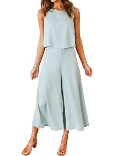 ROYLAMP Women's Summer 2 Piece Outfits Round neck Crop Basic Top Cropped Wide Leg pants Set Jumpsuits Light Cyan S - Image 1