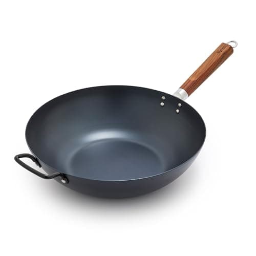 GreenPan Carbon Steel Wok 14”, Flat Bottom, Durable Stir-Fry Pan, Pre-Seasoned Ready to Use, High Heat Retention, Induction, Ash Wood Handle, Kyoto, Black - Image 1