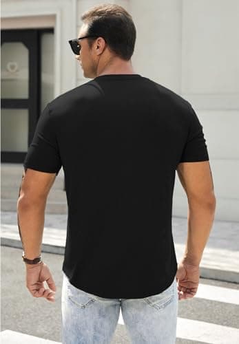 JMIERR Mens Muscle Slim Fit Button Henley Shirts Summer Crewneck Short Sleeve Longline Fitted T-Shirt Gym Workout Athletic Tees Shirt for Men, L, Black - Image 2