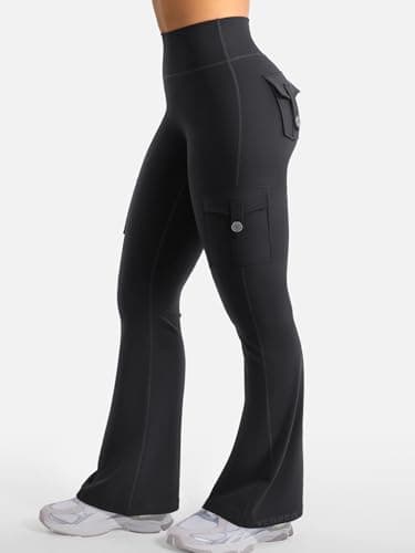YEOREO CoreFlex Women Workout Flare Leggings with Pockets Hidden Scrunch High Waisted Cargo Gym Yoga No Front Seam Leggings Black L - Image 7