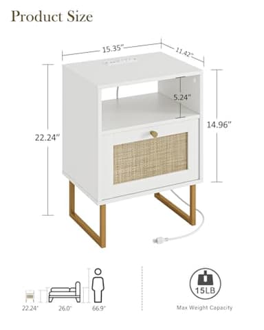 Masupu Rattan Nightstand with Charging Station,Modern Boho Farmhouse Wood Bedside Table with Storage Drawer and Open Shelf,Small Gold Frame Side End Table for Bedroom,Living Room,Office White - Image 2