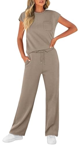 WIHOLL Airport Outfits for Women 2025 Summer Two Piece Sets Trendy Womens Loungewear Lounge Set Cozy Casual Beach Vacation Outfits Cruise High Waist Pants Clothing Going Out Jogger Sets Coffee L - Image 3