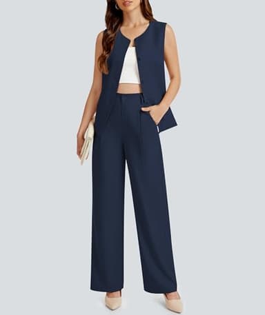 Casly Lamiit Two Piece Sets for Women Dressy Business Suit Set Sleeveless Blazer Vest Pants with Pockets Trendy Outfits Professional Clothes Navy Blue S - Image 2