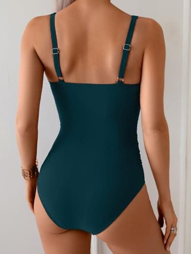 B2prity Women's Underwire One Piece Swimsuit Tummy Control Ruched Bathing Suit Criss Cross V Neck Swimwear Peacock Green - Image 2