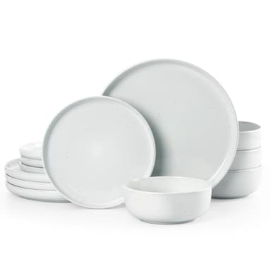 Famiware Dawn Plates and Bowls Sets, 12 Pieces Stoneware Dinnerware Sets, Dishes Set for 4, Microwave and Dishwasher Safe, White - Image 1