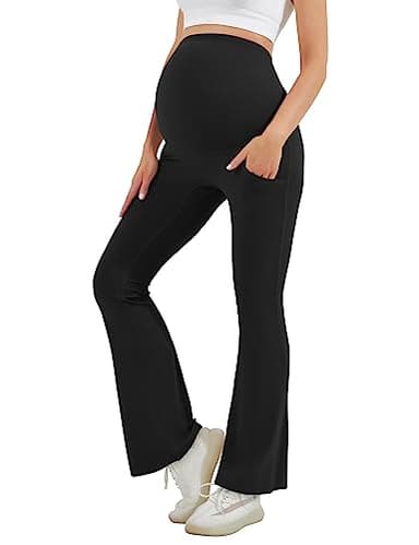 HEGALY Women's Maternity Flare Leggings Over The Belly - Casual Pregnancy Yoga Pants with Pockets Buttery Soft Black - Image 1