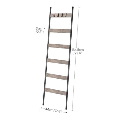 HOOBRO Blanket Ladder, 6-Tier Towel Rack with Hooks, Wall-Leaning Blanket Rack, Decorative Display Ladder Shelf, Scarves, Industrial, Living Room, Bedroom, Black and Greige BG66CJ01 - Image 2