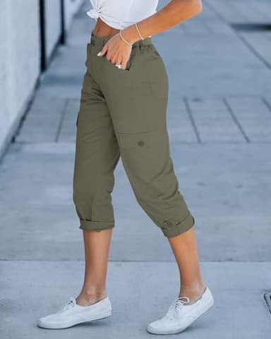 GRAPENT Women's Cropped Capris Summer Cargo Pants - Grey Army Green Medium Size 8-10 - Image 3