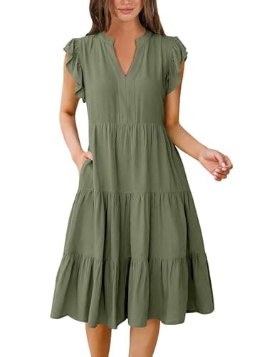 ANRABESS Womens Summer Dress Ruffle Sleeve V Neck Midi Dresses Fashion Casual Fit Flowy Tiered Boho Beach Vacation Sundress Olive-XL - Image 1