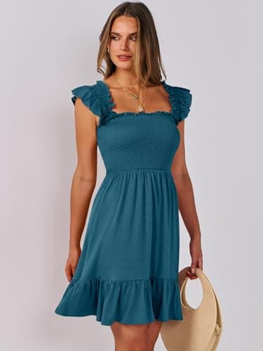 ANRABESS Women's Summer Casual Sleeveless Square Neck Dress 2025 Smocked Ruffle Backless Boho Beach Cute Teen Short Sundress Tile Blue x-Small - Image 8