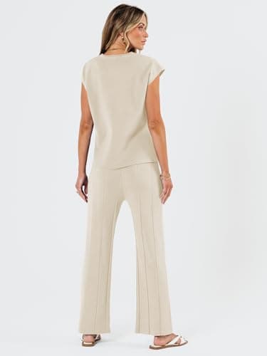 LILLUSORY 2 Piece Sets for Women Summer Vacation 2025 Lounge Outfits Matching Two Pcs Spring Knit Tracksuits Sweat Suits Beige L - Image 4