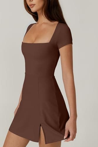 QINSEN Short Sleeve Athletic Dress for Women High Waist Side Slit Tennis Dress Built in Shorts Golf Active Dress Chestnut M - Image 4