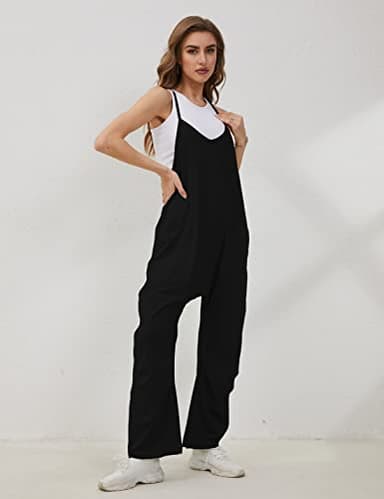 Lentta Women's Causal Jumpsuits V Neck Sleeveless Harem Overalls Stretchy Adjustable Strap Romper with Pockets(Black-L) - Image 6