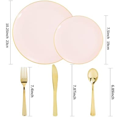 YOUBET 125PCS Pink Plastic Plates - Pink Disposable Plates With Gold Rim - Pinks and Gold Plates Include 25 Dinner Plates, 25 Dessert Plate, 75 Cutlery for Party Wedding Birthday - Image 6
