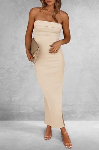 PRETTYGARDEN Women's Summer Bodycon Maxi Tube Dress Ribbed Strapless Side Slit Long Going Out Casual Elegant Party Dresses (Beige,Medium) - Image 6