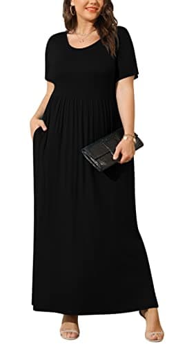 BISHUIGE Plus Size Maxi Dresses for Women Summer Casual Short Sleeve Long Dress with Pockets XL-6XL 6X-Large, Black - Image 2