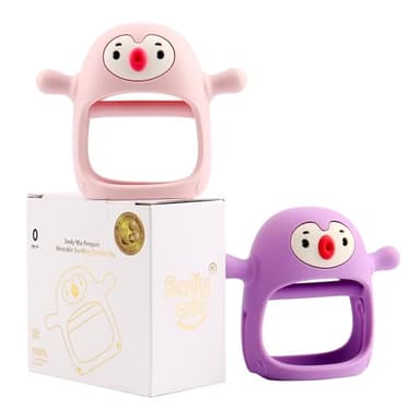 Smily Mia 2pack Penguin Teether for Babies 0-6Month, Infant Teething Toys,Pacifiers for Breastfed Babies, Silicone Teething Mittens for 3-6Months, Perfect Shower Gift+Baby Registry, Pink&Purple - Image 3
