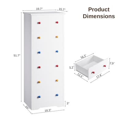 LIKIMIO Small Dresser Tall, 6 Drawer Tall Skinny Dresser with Colorful Handles, Chest of Drawers for Bedroom, 51.5" H Modern Wooden Floor Storage Cabinet with Metal Sliding Rail, White - Image 2