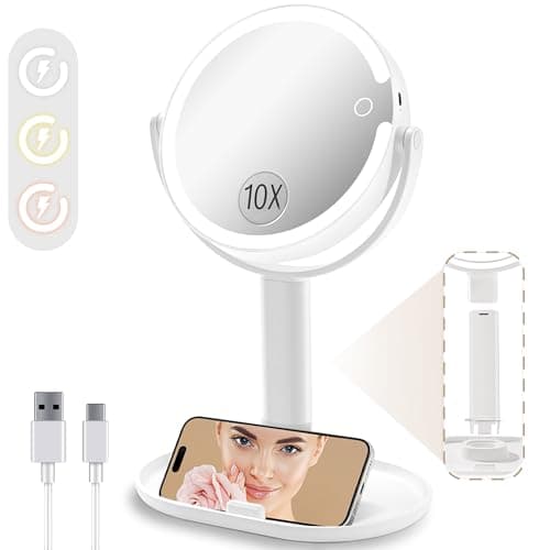 vpu Vanity Makeup Mirror with Lights, 10X/1X Double Sided Magnifying Light up Desk Mirror with Stand Cosmetic Organizer, 3 Color Brightness Adjustable 360° Rotation Detachable for Travel - Image 1