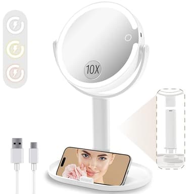 vpu Vanity Makeup Mirror with Lights, 10X/1X Double Sided Magnifying Light up Desk Mirror with Stand Cosmetic Organizer, 3 Color Brightness Adjustable 360° Rotation Detachable for Travel - Image 1