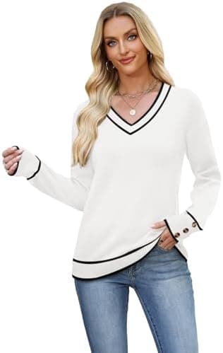 WIHOLL Lightweight Sweaters for Women Long Sleeve V Neck Knit Outfits with Decorative Buttons - Image 5